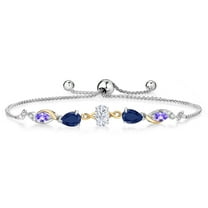 Gem Stone King 925 Silver and 10K Yellow Gold White Moissanite Blue Sapphire Blue Tanzanite and Lab Grown Diamond Tennis Bracelet for Women By Keren Hanan (1.80 cttw, Adjustable up To 9 inch)