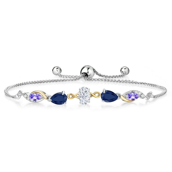 Gem Stone King 925 Silver and 10K Yellow Gold White Moissanite Blue Sapphire Blue Tanzanite and Lab Grown Diamond Tennis Bracelet for Women By Keren Hanan (1.80 cttw, Adjustable up To 9 inch)