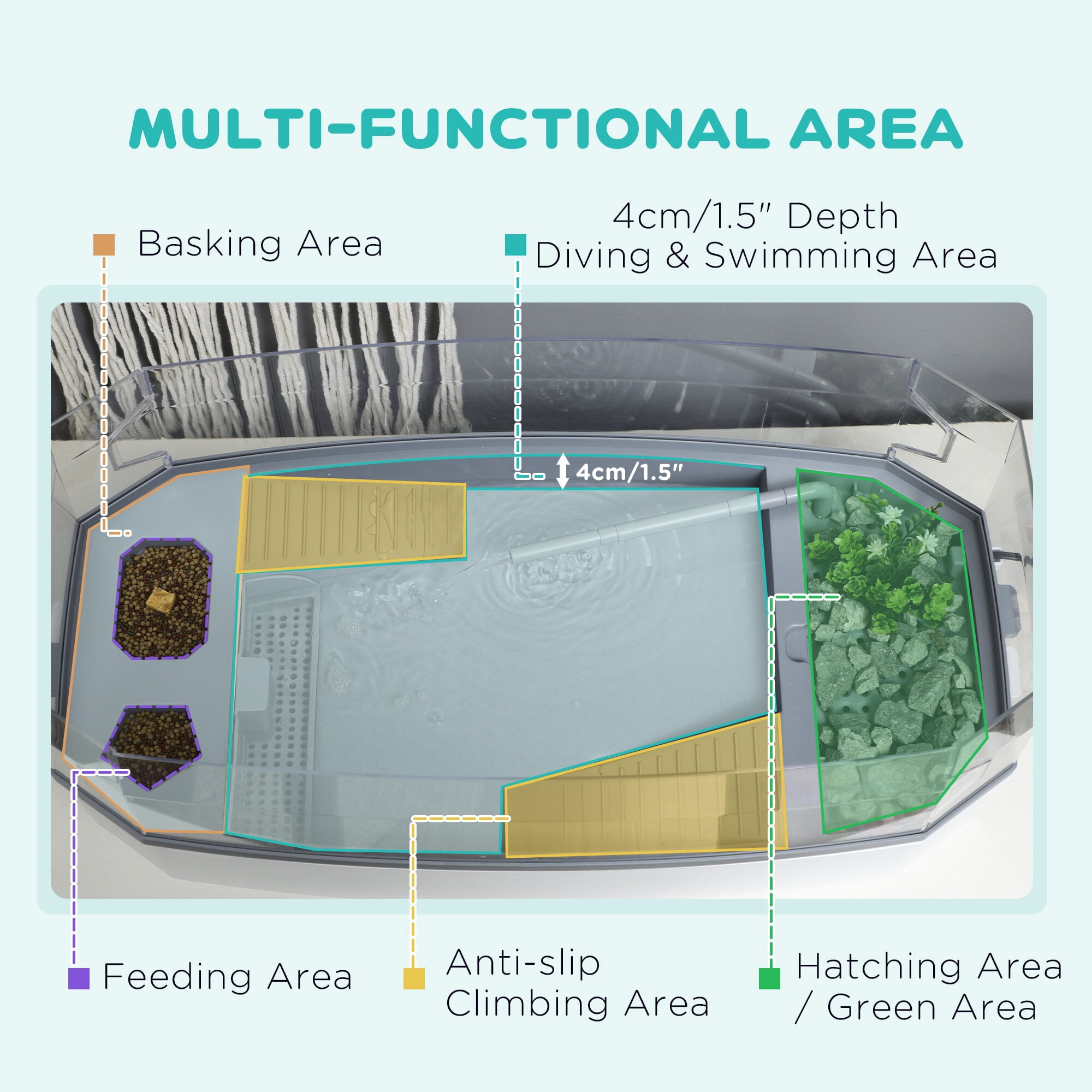 Turtle Tank Kit with Basking Platform - 24.5" Reptile Aquarium with Water Pump & 3-Layer Filtration System, White Habitat for Small Turtles