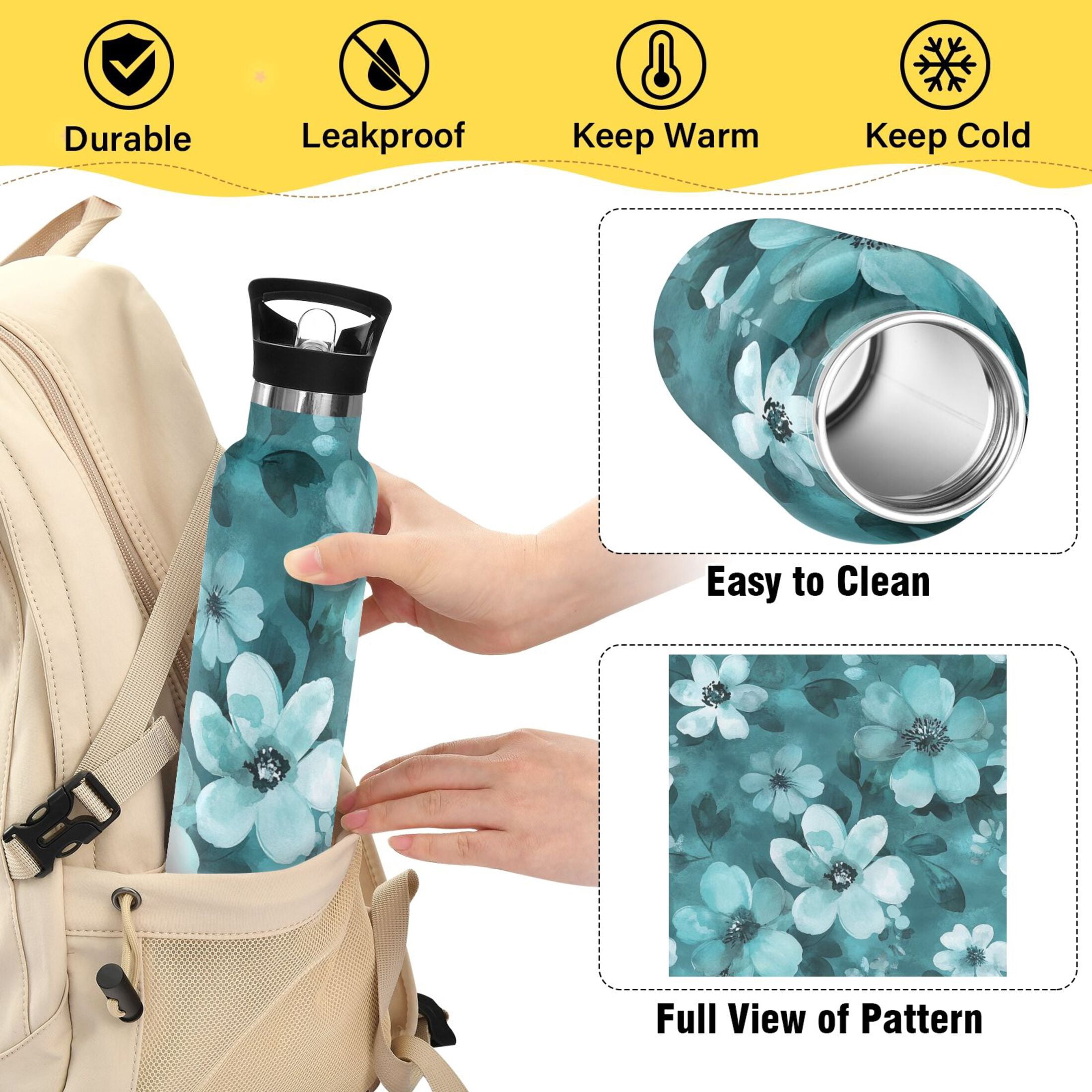 600ML Stainless Steel Insulated Cup Sports Water Bottle Portable Thermos Cup Water Glasses Insulated Tumblers Convenient and Durable Navy Flowers