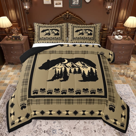 Feelyou Jungle Bear Print Full Size Comforter Sets, Gold Triangle Aztec Bedding Comforter Set, Woodland Wildlife Animal Reversible Bedding Sets, Ultra Soft Bedroom Decor, 3 Pieces