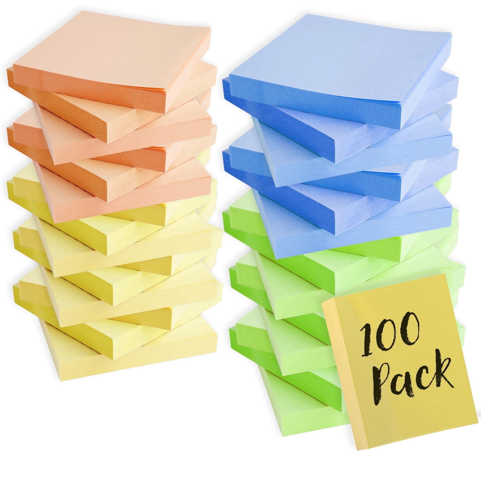 100 Pack of 3"x3" 100 Sheet Sticky Note Pads in Pastel Colors for Office Note Taking - 100 Count of 3"x3" 100 Sheet Sticky Note Pads in Yellow, Green, Orange and Blue