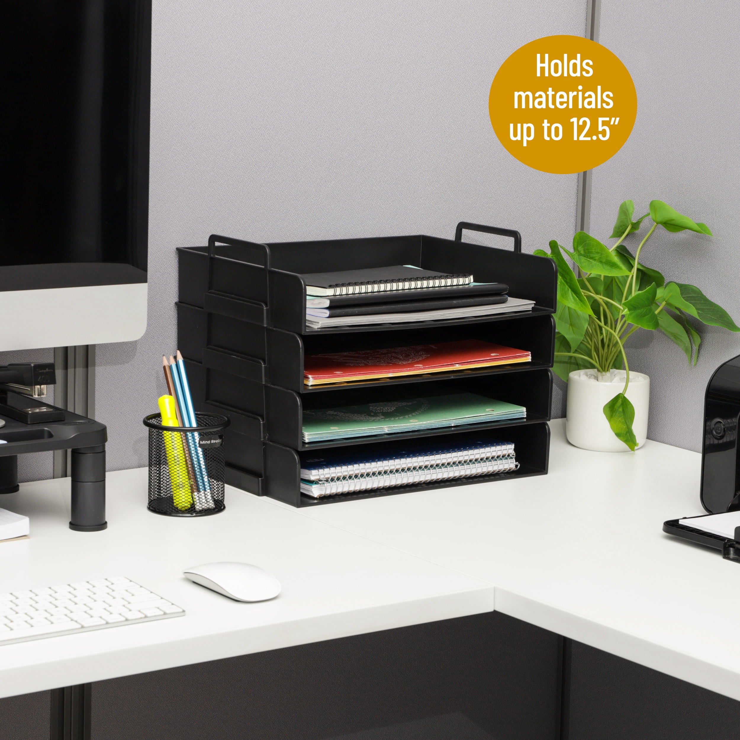 Mind Reader Stackable Paper Tray, Desktop Organizer, File Storage, Office, Plastic, 13.75"L x 10"W x 10.75"H, 4 Pcs., Black