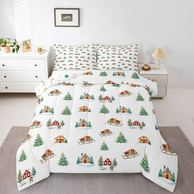 Merry Christmas Beding Set,Doodle Xmas Tree Queen Comforter Set,Cartoon Pine Cottage Down Comforter,Winter Holiday Bed Set