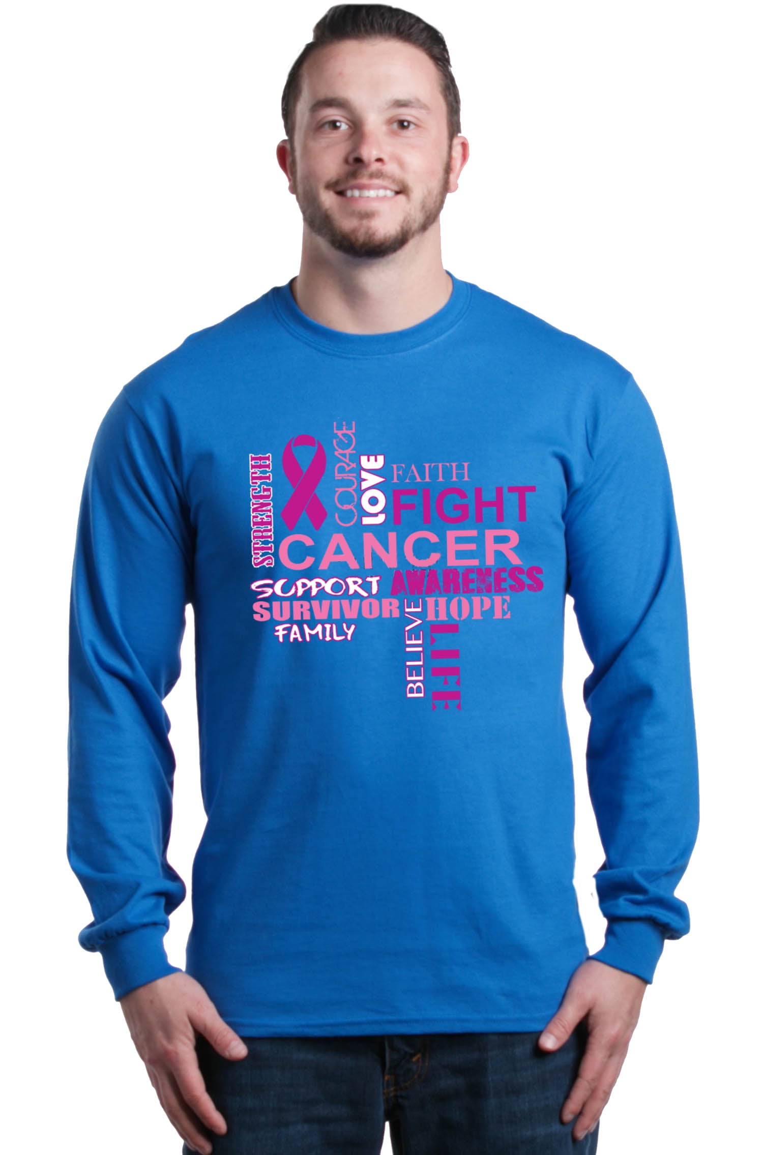 Shop4Ever Shop4Ever Men's Breast Cancer Support Fight Ribbon Awareness Long Sleeve Shirt