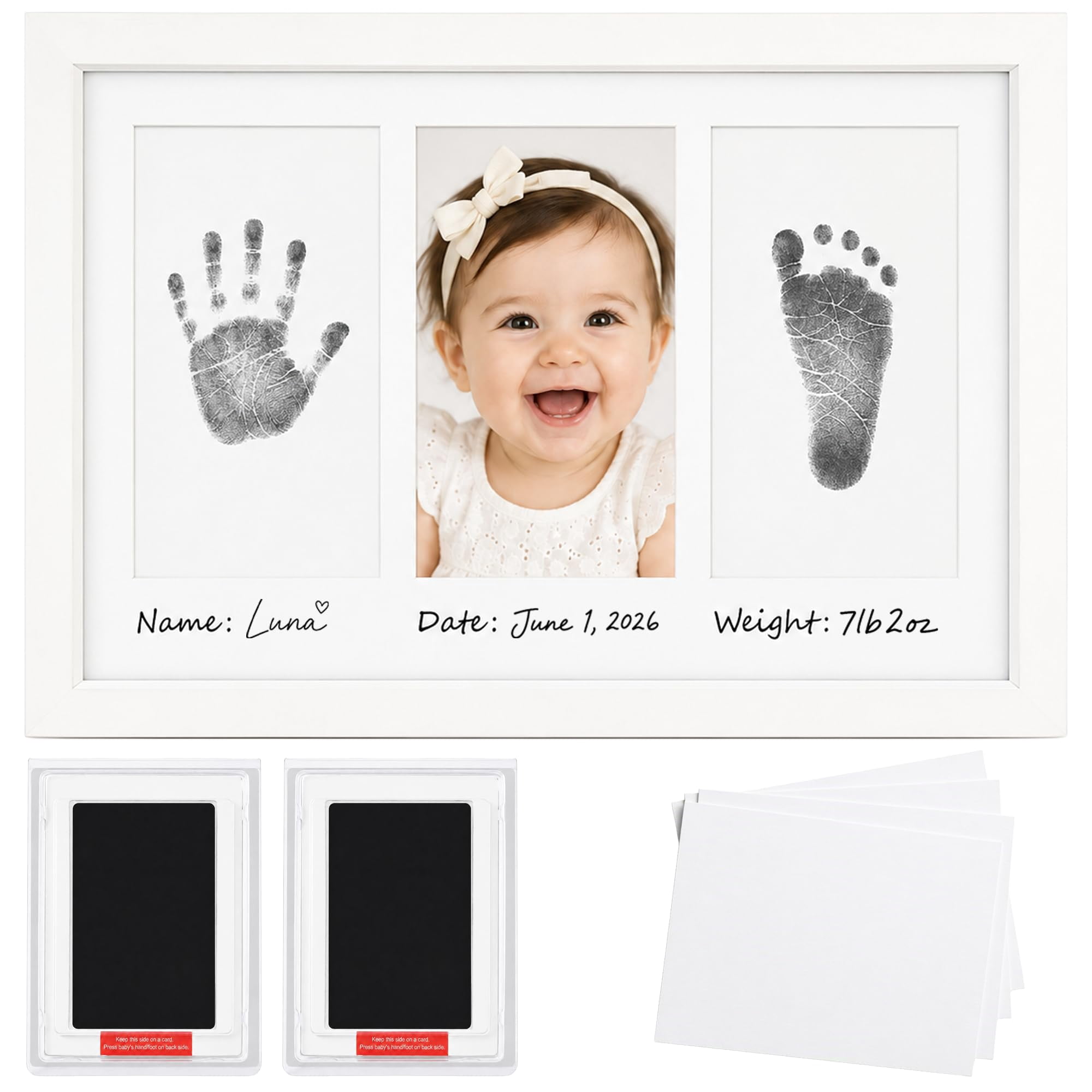 AURALYN Solid Wood with Real Glass Baby Handprint and Footprint Frame, 4x6 Keepsake with Ink Pad Kit, Newborn Baby Shower, Pet Paw Print Frame
