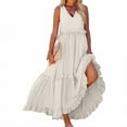 thumbnail image 2 of 2025 Trendy Built in Bra Smocked Dress Women Summer Sleeveless Tank Dress Zipper Up V Neck Loose Flowy Ruffle Tiered Maxi Dress with Pockets Beige XL, 2 of 7