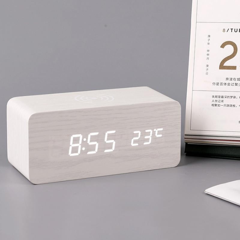 Digital Wooden Alarm Clock with Wireless Charging,0100 Dimmer,Dual Alarm,Weekday /Weekend Mode