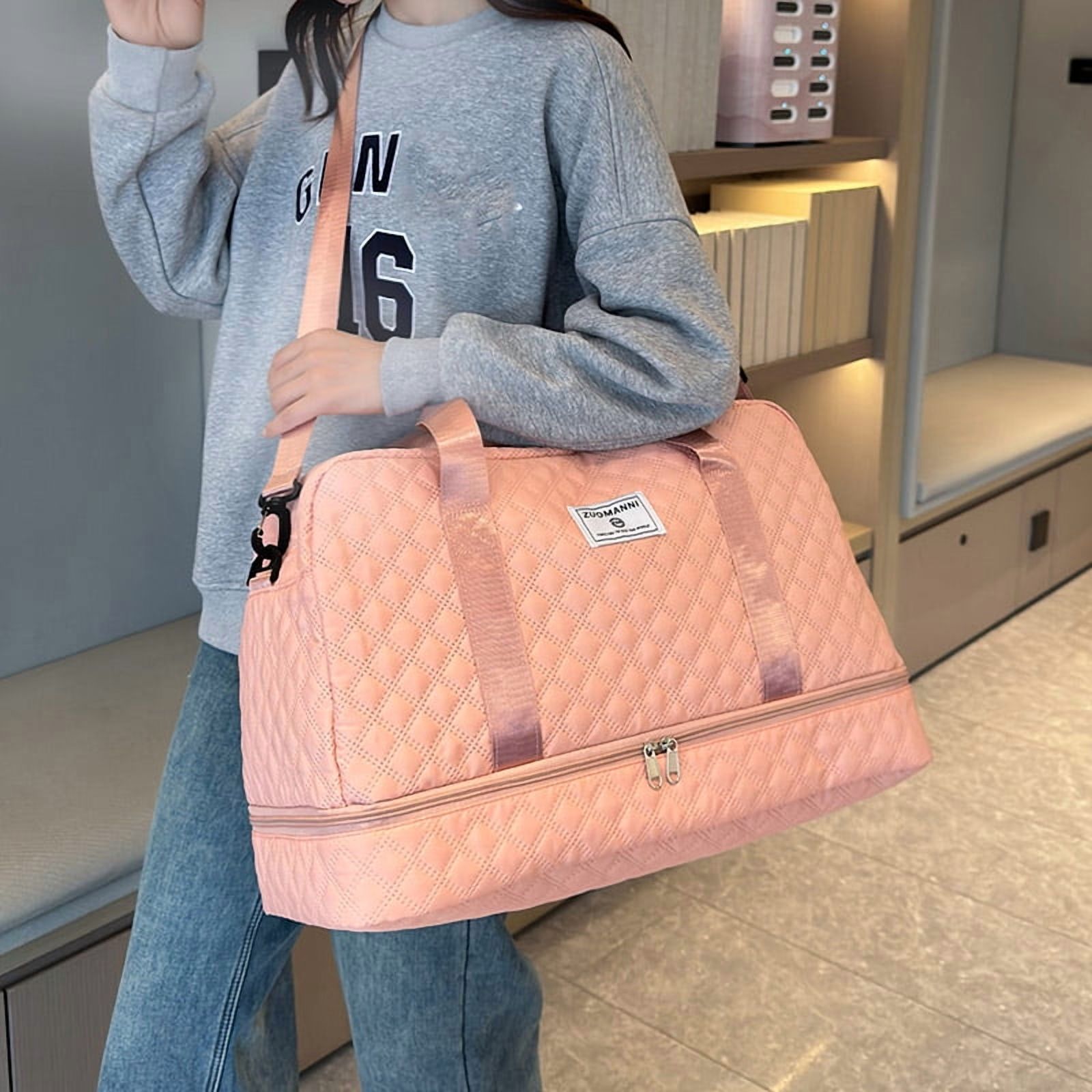 Travel Duffel Bag, Model for Women, with Wet Pocket, 1-Pack, Medium Size - Grid-Pink for Overnight, Gym, Hospital Use
