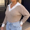 thumbnail image 5 of CHGBMOK Women's Plus Size Sweaters Loose Fit Color Block V Neck Pullover Rib Trim Long Sleeve Tops, 5 of 7