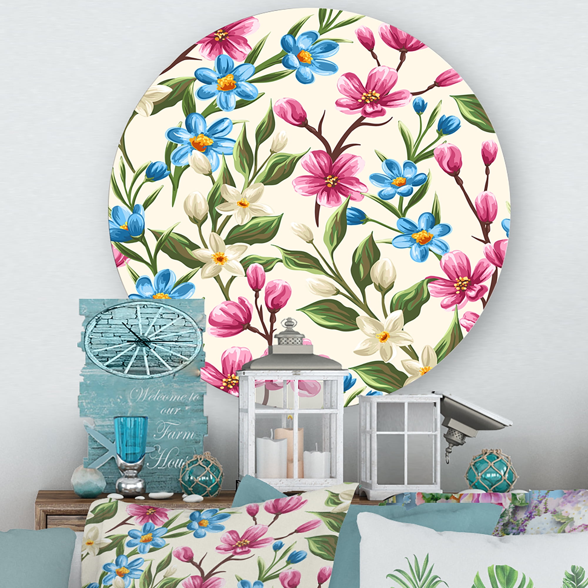 Designart 'Vintage Blue and Pink Wildflowers' Traditional Circle Metal Wall Art 11x11 - Disc of 11