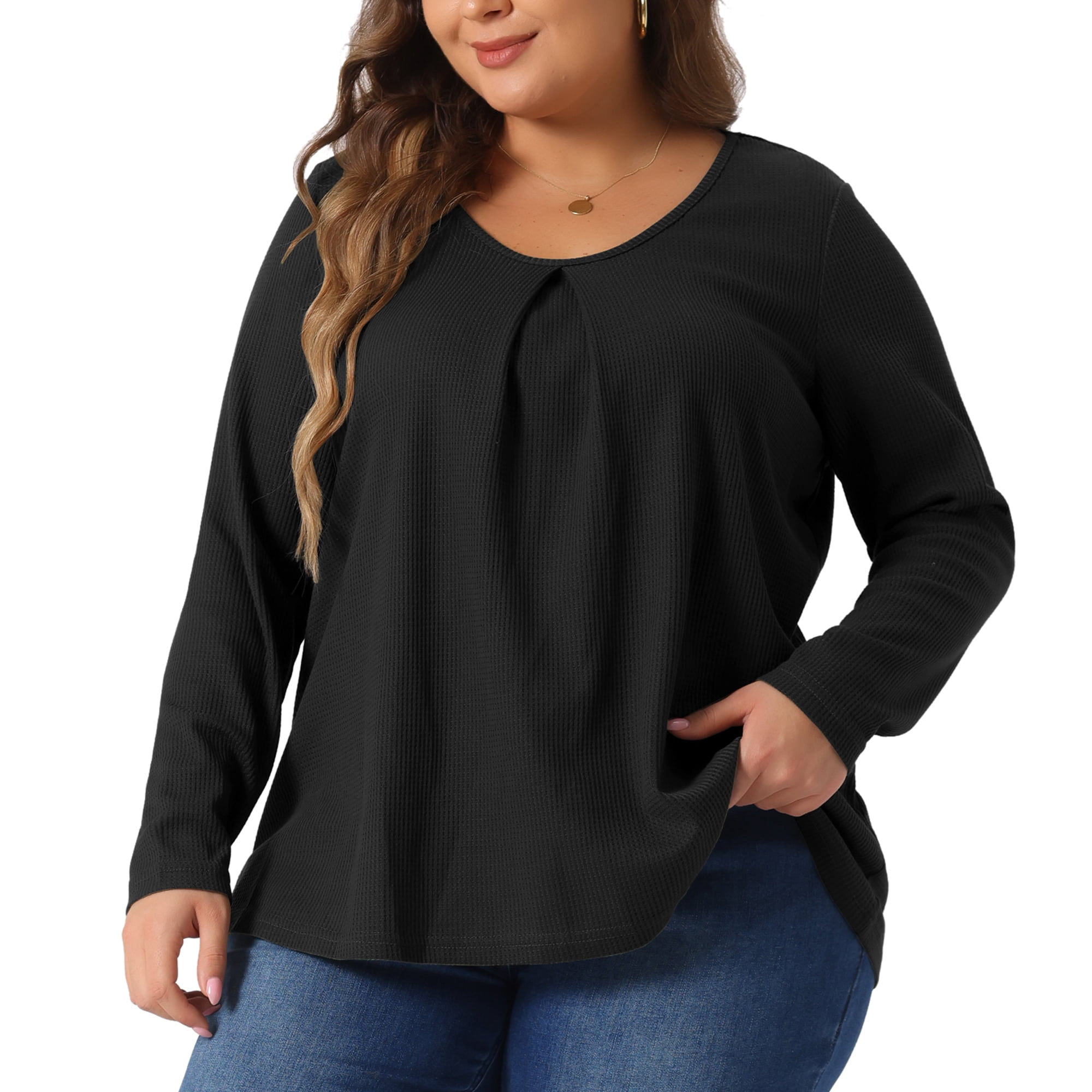 DARING DIVA Women's Plus Crew Neck Pleat Front Long Sleeve Top 3X Black
