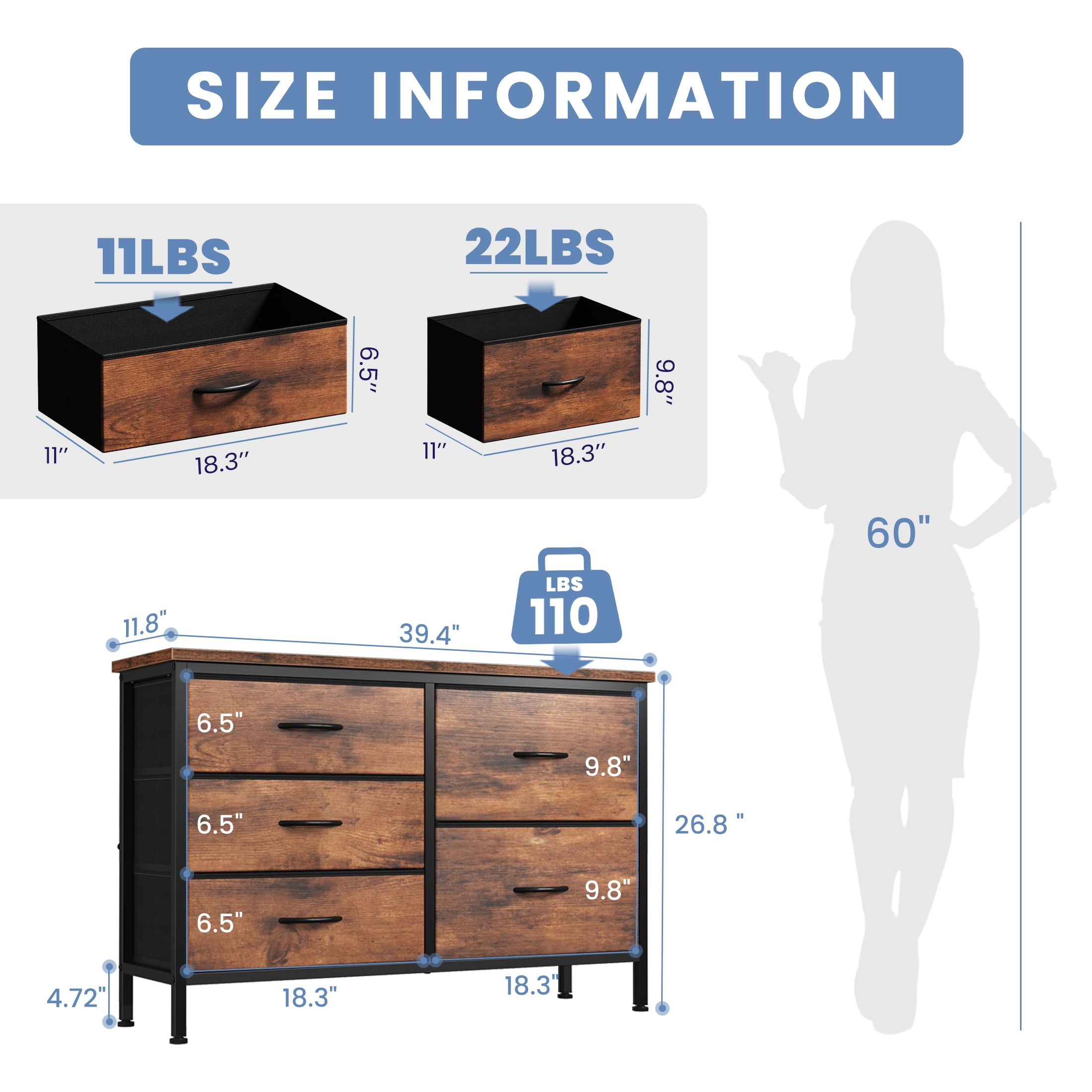 edx 5 Drawer Dresser for Bedroom, 39.4" Fabric Chest of Drawers with Wooden Top, Storage Organizer for Closet, Hallway & Living Room, Rustic Brown