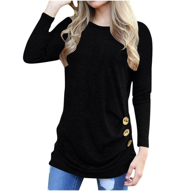 Timegard Womens Tops Crewneck Long Sleeve Button Solid Color Comfy Blouse Fall Dressy Casual Tunic Tops