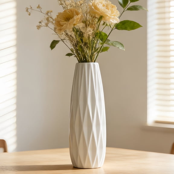 White Ceramic 12-Inch Tall Textured Decorative Flower Vase for Home Decor