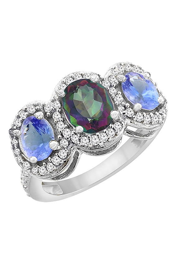 14K White Gold Natural Mystic Topaz & Tanzanite 3-Stone Ring Oval Diamond Accent, size 5