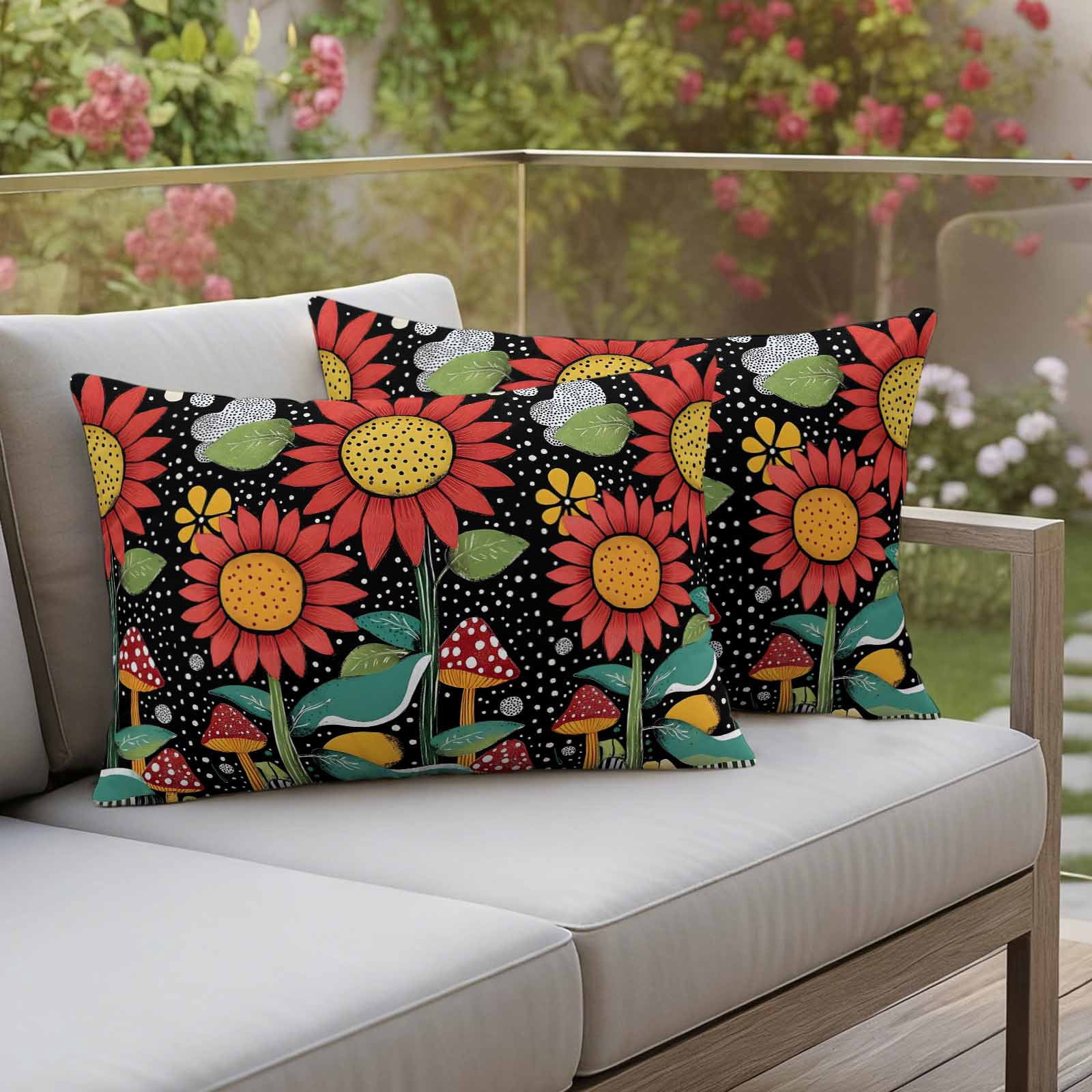 Spring Boho Pillow Covers 2 Pack Red Flowers Leaves White Polka Dots Painting Pillowcase Waterproof Outdoor Throw Pillow Cover for Patio Balcony Rectangular Cushion 20”x12”