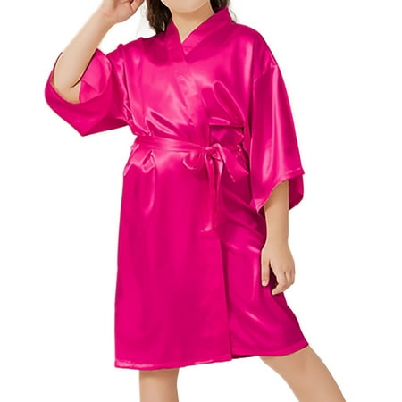 Kids Girl s Silky Satin Kimono Robe for Spa Wedding Birthday Party Solid Color Lingerie Sleepwear Children s Gifts Rose Red 6T-8