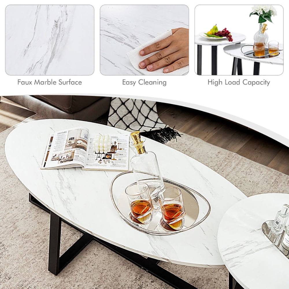 Finihen Coffee Table, Nesting Coffee Table, Set of 2 Modern Faux Marble Nesting Coffee Table Set with Oval and Round Table, for Living Room, Reception Room, White