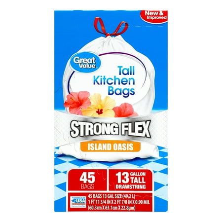 25 Gallon Vinyl Bag Great Value Strong Flex Tall Kitchen Drawstring Trash Bags, Island Oasis, 13 Gallon, 45 Count ()