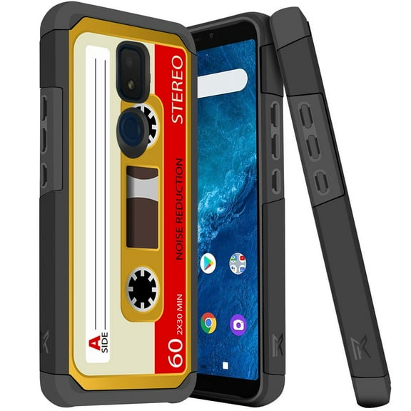 ANJ  Slim Dual Layer Hybrid Shockproof Case   Tempered Glass Cover for Cricket Icon 3, Splendor, AT&T Motivate 2 - Retro Cassette 7