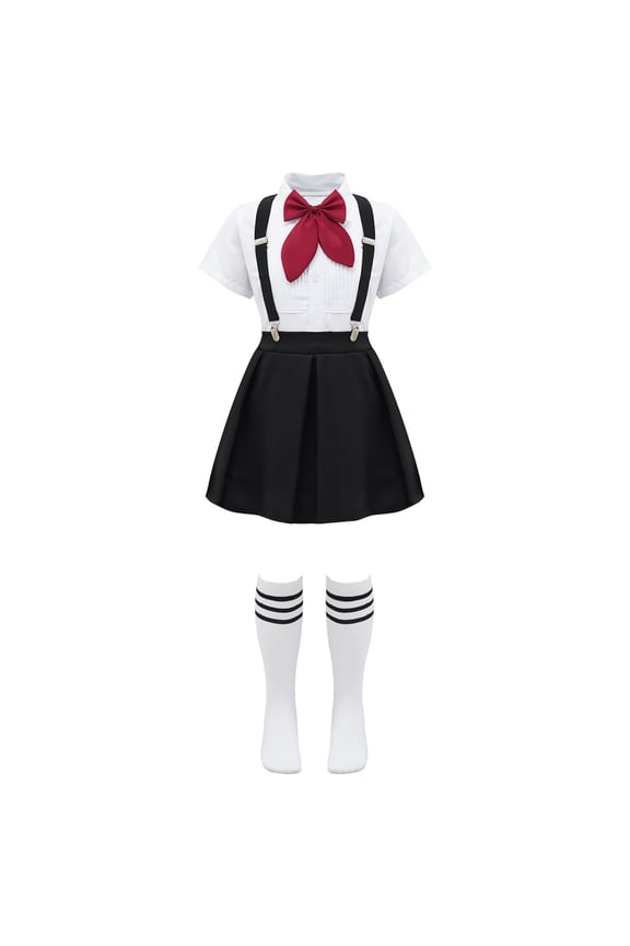 Kids Schoolgirls Uniform Outfits Shirt Tops with Suspender Skirt Bowtie Socks Cosplay Costume Set Type A Burgundy 3-4
