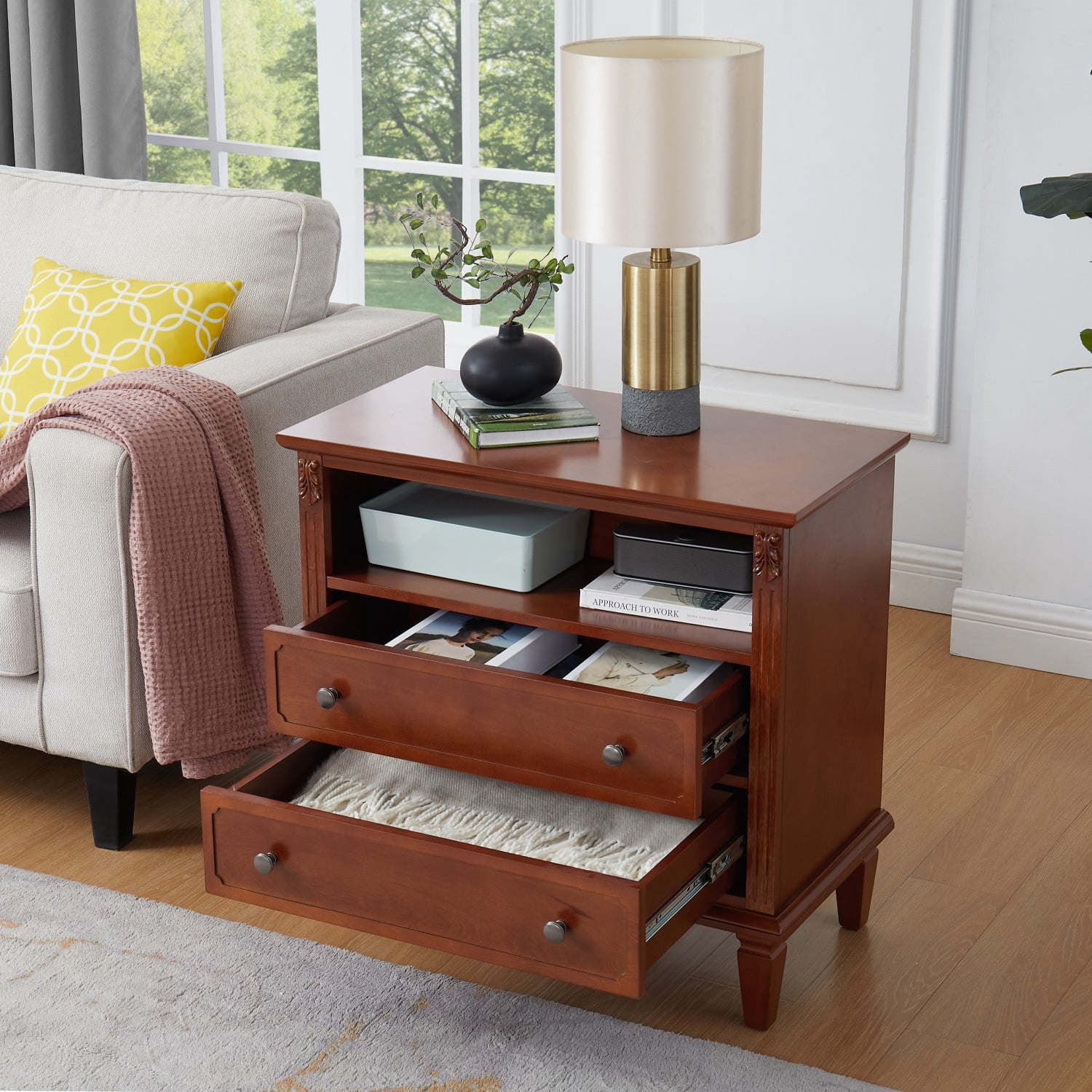 Nightstand with Charging Station, Farmhouse End Table with 2 Drawers and Open Shelf, USB Ports & Outlets, Fluted Design Bedside Table with Solid Wood Legs, Walnut