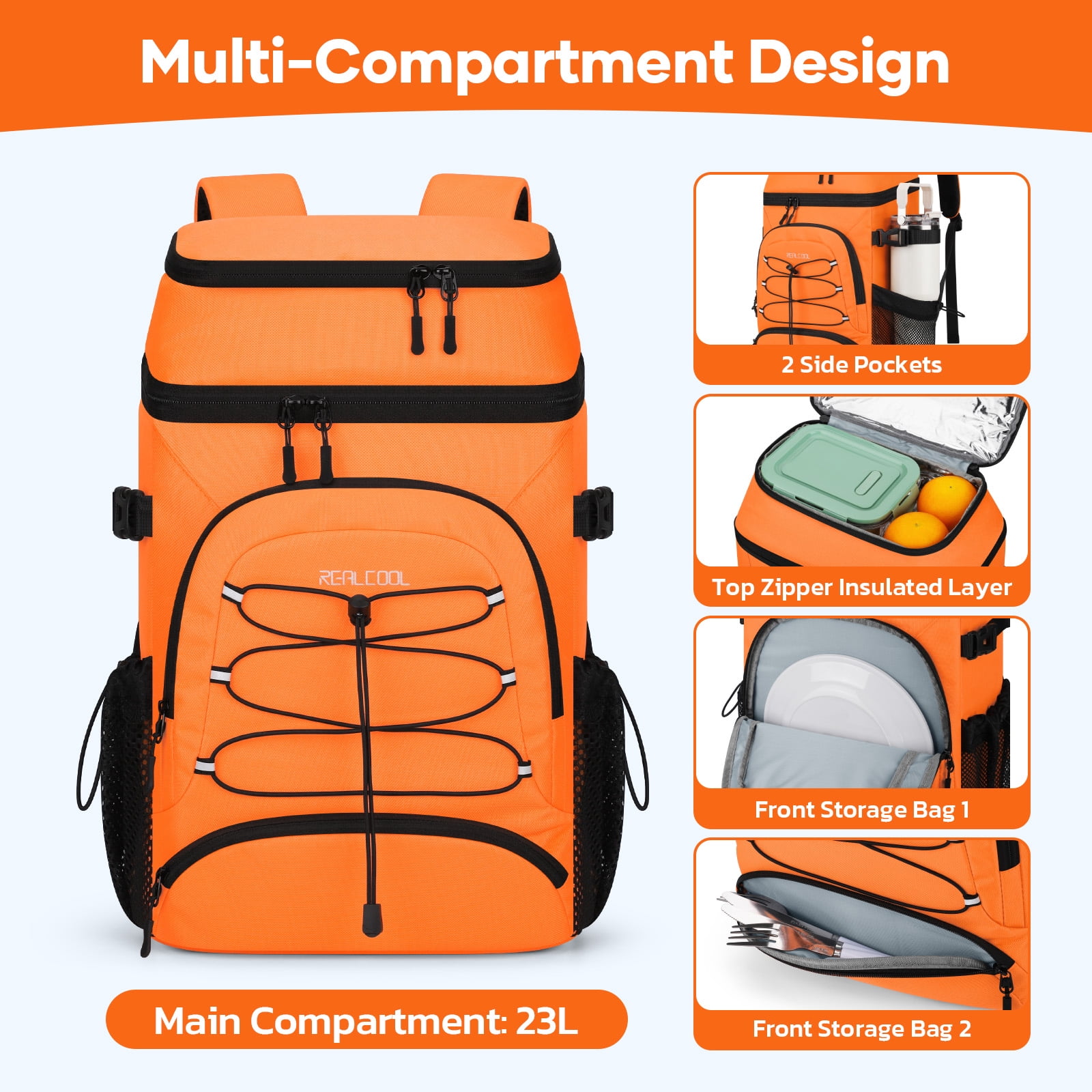 Realcool Backpack Cooler，33 Cans Insulated Leakproof Soft Cooler Bag Lightweight Camping Beach Lunch Backpack for Men Women Orange