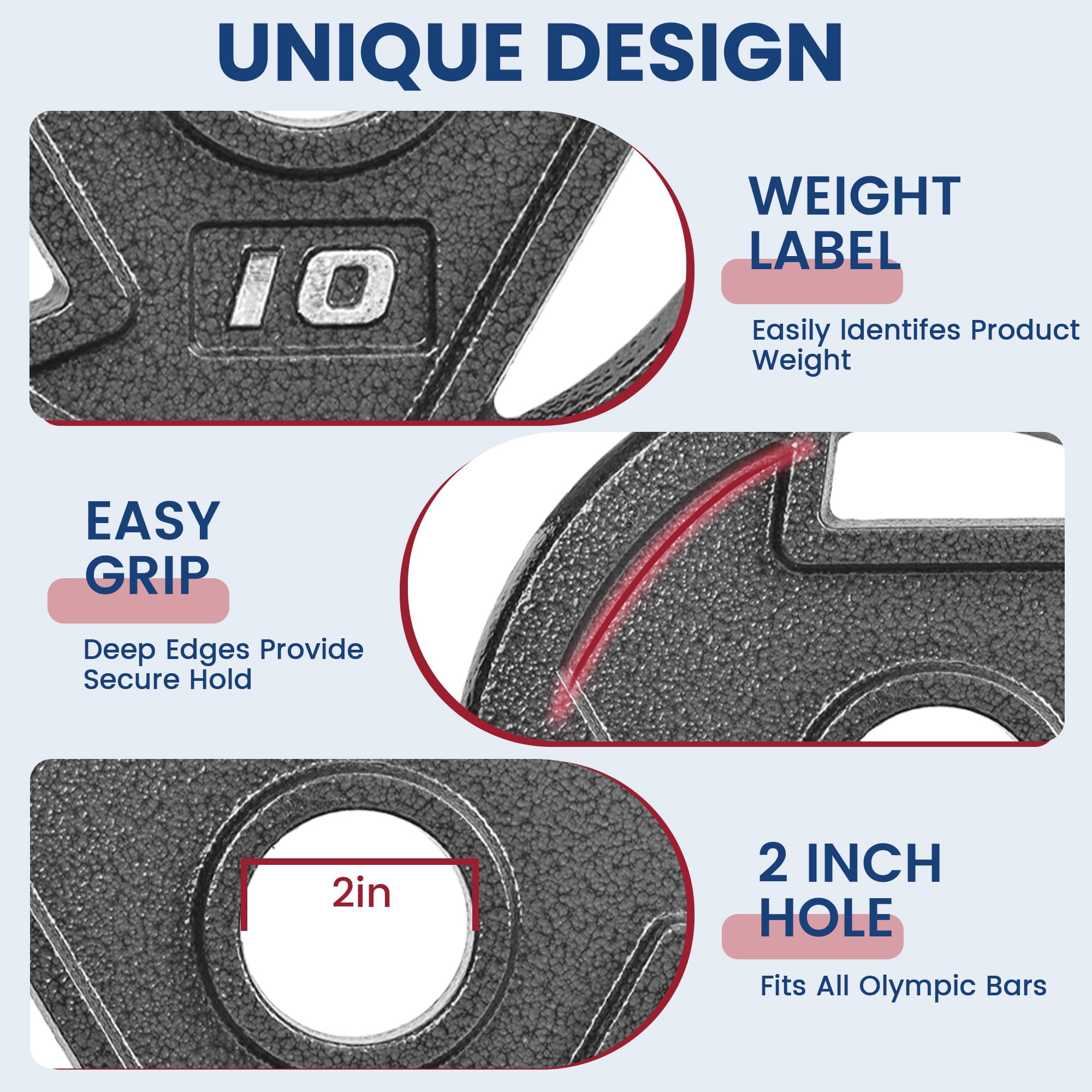 FlexWave Cast Iron Weight Plates, 2" Center Hole, Pair Set with 3-Grip Handles, Gray Rust-Resistant Finish