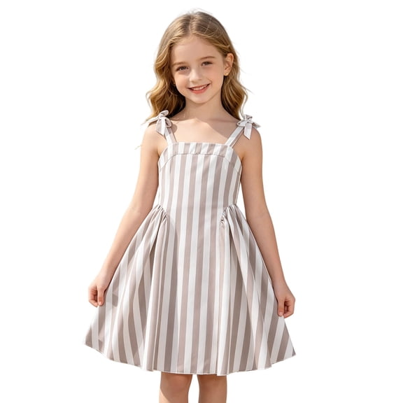 WEIWEN Girls Dresses Vertical Striped Knotted Strap Sleeveless Dress Spring Summer A-Line Dress for Big Kids Party Holiday Sundress 7-12 Years Brown, 8-9 Years