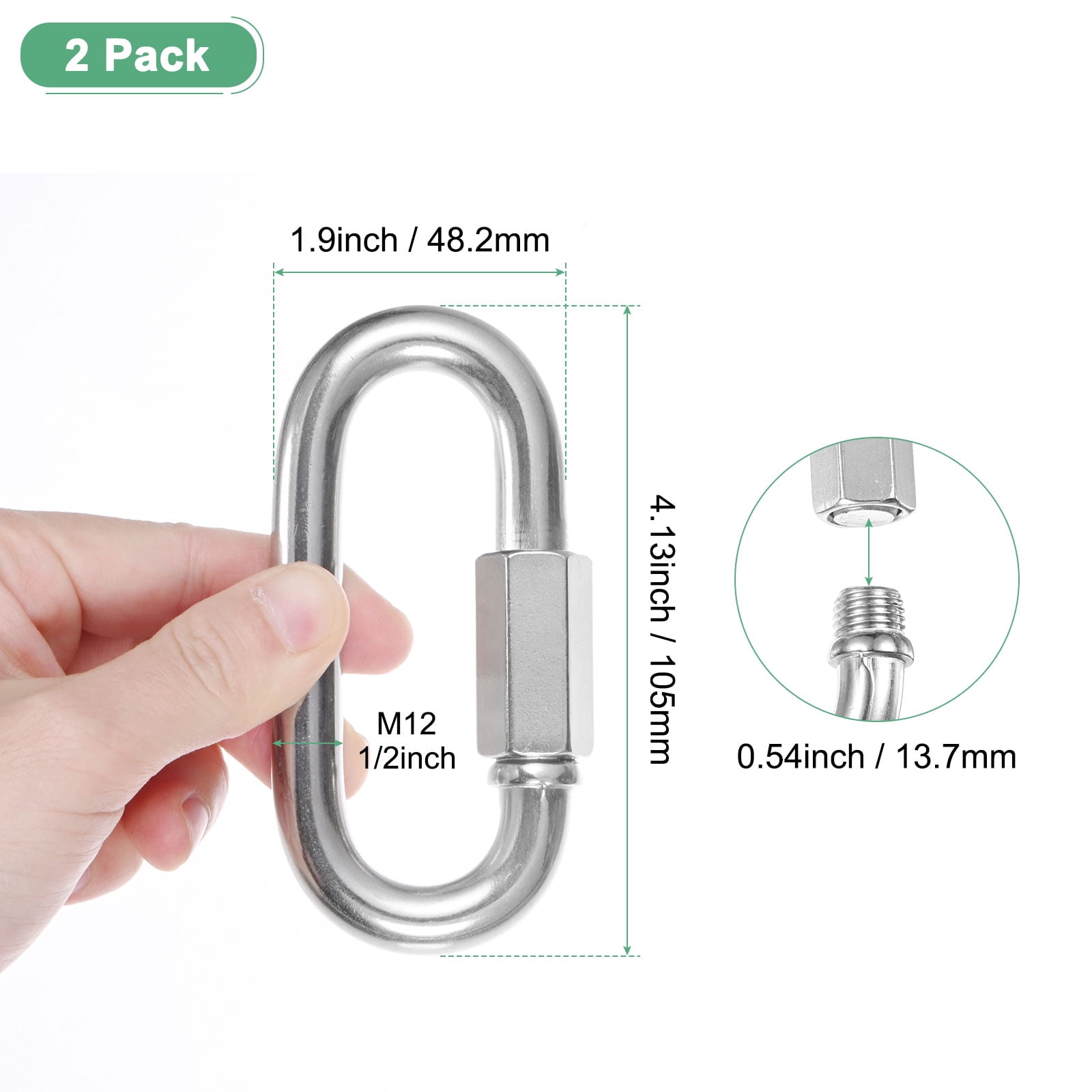 2-Pack Quick Chain Link Connector, M12 1/2 304 Stainless Steel D-Shape Locking Repair Chain Links for Swing/Camping/Hiking/Backpack, Twist Key Ring Screw Chain Link [Silver]