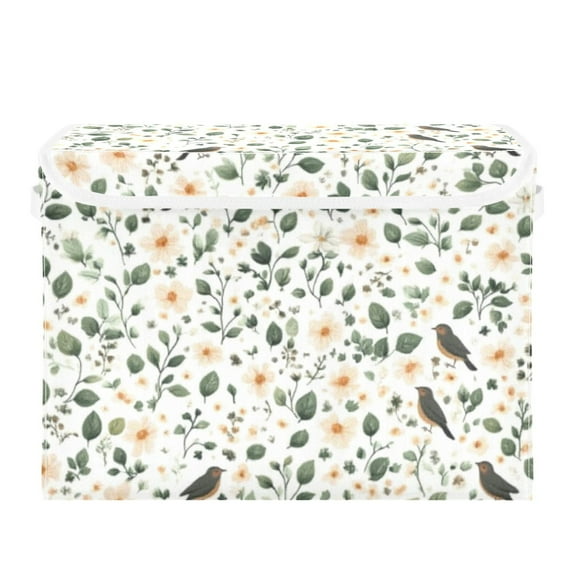 Floral Pattern with Birds Large Storage Bins with Linen Collapsible Lid Storage Box 16.7 x 12.6 x 11.8in