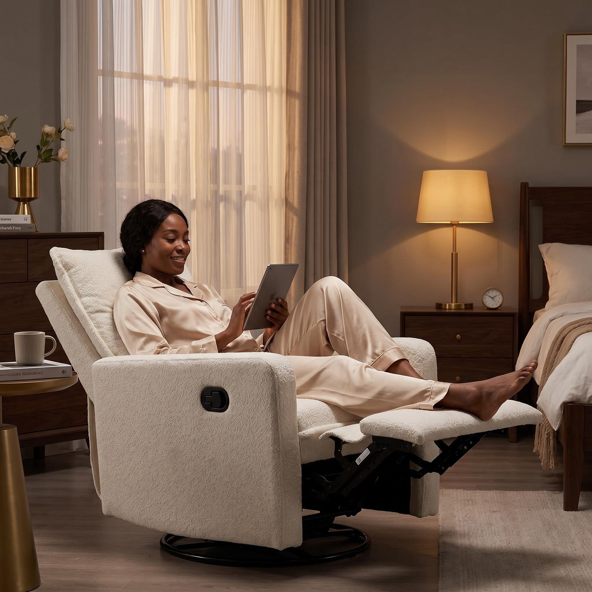 Manual Swivel Rocking Recliner for Adults, Small Plush Wall Hugger Reclining RV Chair, Glider Swivel Recliner Chair with Foot Rest for Nursery, Living Room and Small Places