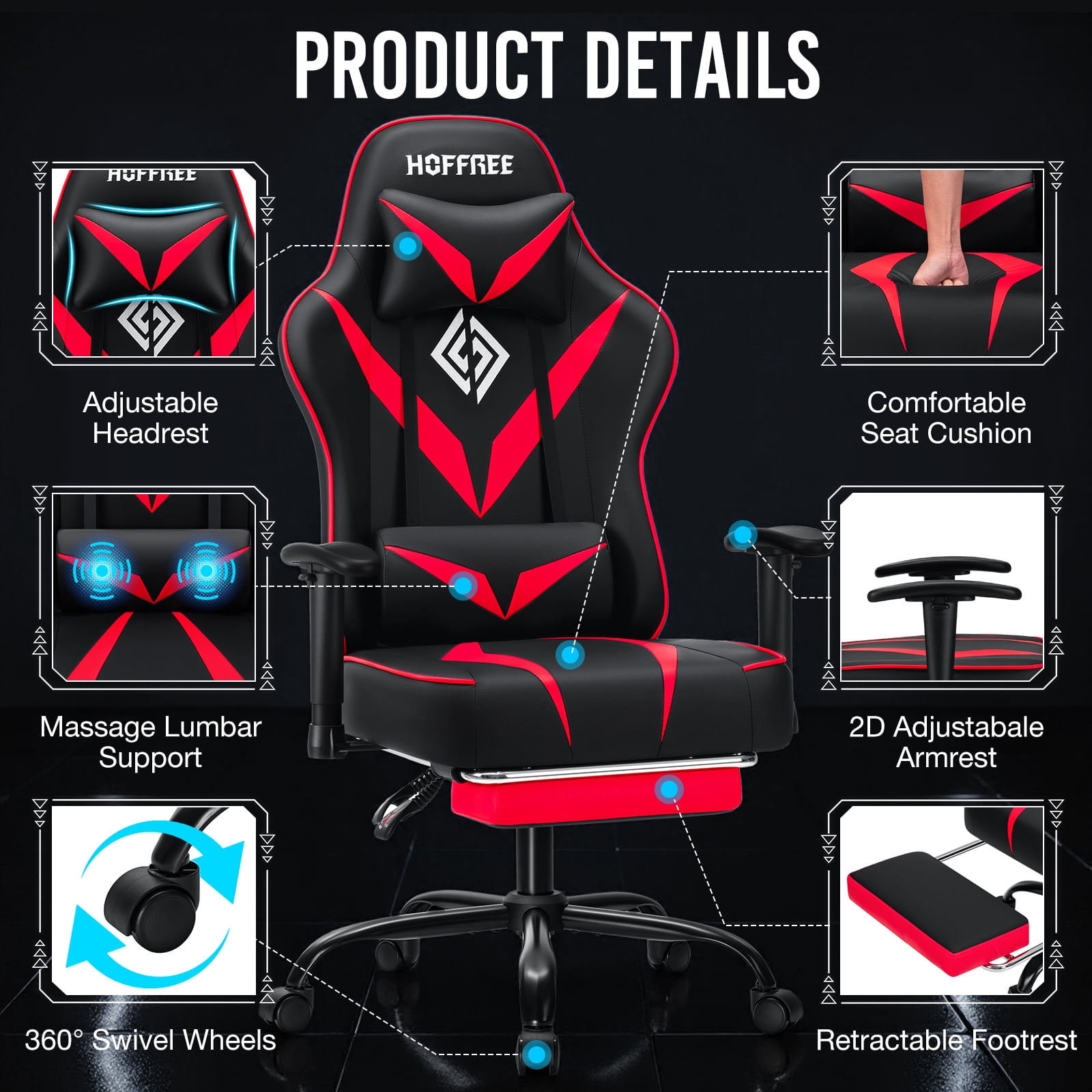 Hoffree Massage Gaming Chair with Footrest Ergonomic Design Gamer Chair with Adjustable Armrest for Adults and Teens Leather Game Chair with Headrest and Lumbar Support