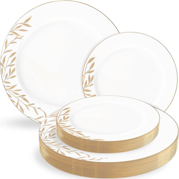 Blue Sky Foliage Collection White & AFN1Gold Combo - 32 Count | White Disposable Plastic Plate Set with 16 Lunch Plates 7.5" & 16 Dinner Plates 10" with Gold Border and Leaf Design
