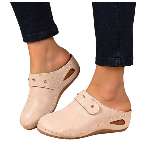 Rokment Ortho Wedge Clogs Open Back Dressy Sandals for Women Ladies 2026 Summer Fall Fashion Casual Suede Closed Toe Arch Support Platform Slip on Heels Mules Shoes Beige Size 6.5