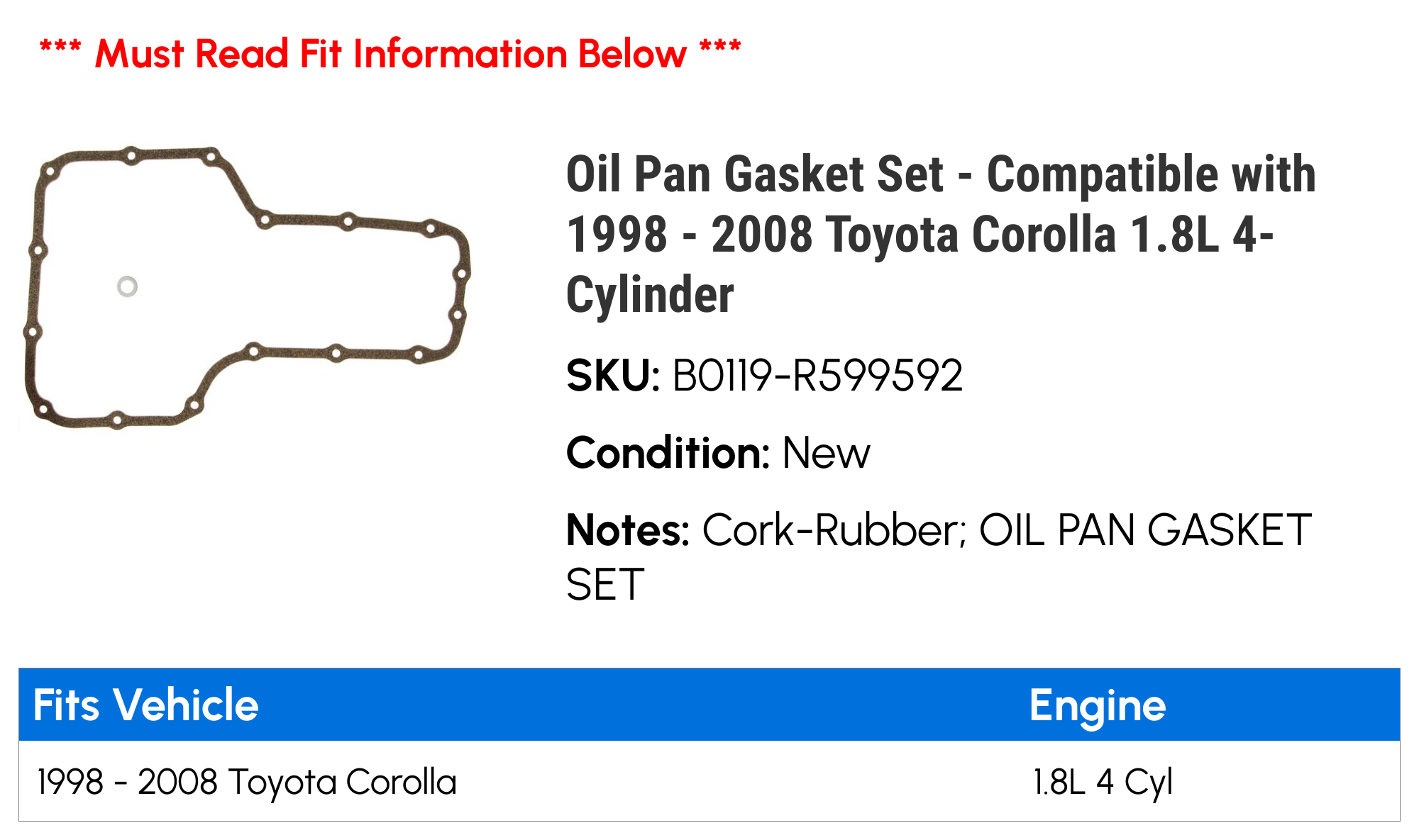 Oil Pan Gasket Set - Compatible with 1998 - 2008 Toyota Corolla 1.8L 4-Cylinder 1999 2000 2001 2002 2003 2004 2005 2006 2007