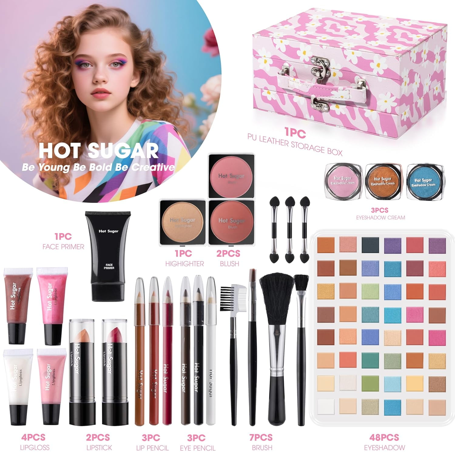 Hot Sugar Makeup Kit for Preteen Girls 10-12, Birthday Christmas Makeup Gift Set for Teens 16-18, All in One Beginner Makeup Kit for Women Full Kit (Floral Pink)