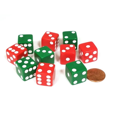 Christmas Dice Game Set of 10 D6 Six Sided Opaque 16mm D6 Dice - Christmas Colors 5 Green & 5 Red ()