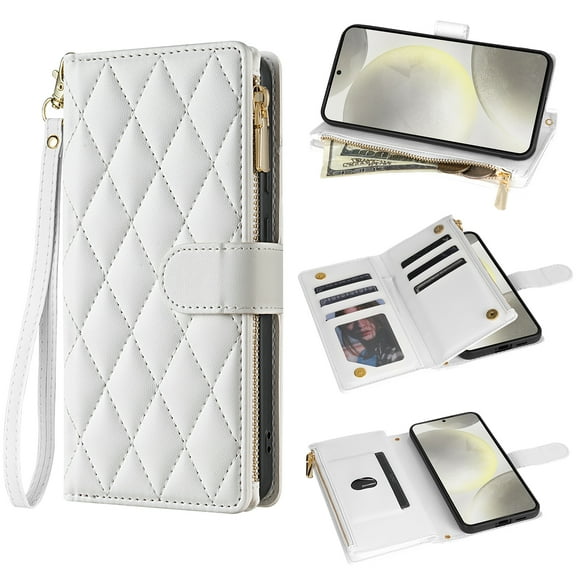 for Samsung Galaxy S21 FE Wallet case with Card Holder,Phone case RFID Blocking PU Leather Flip Shockproof Cover with Hand Strap Zipper Credit Card Holder Slots for Women Men,White