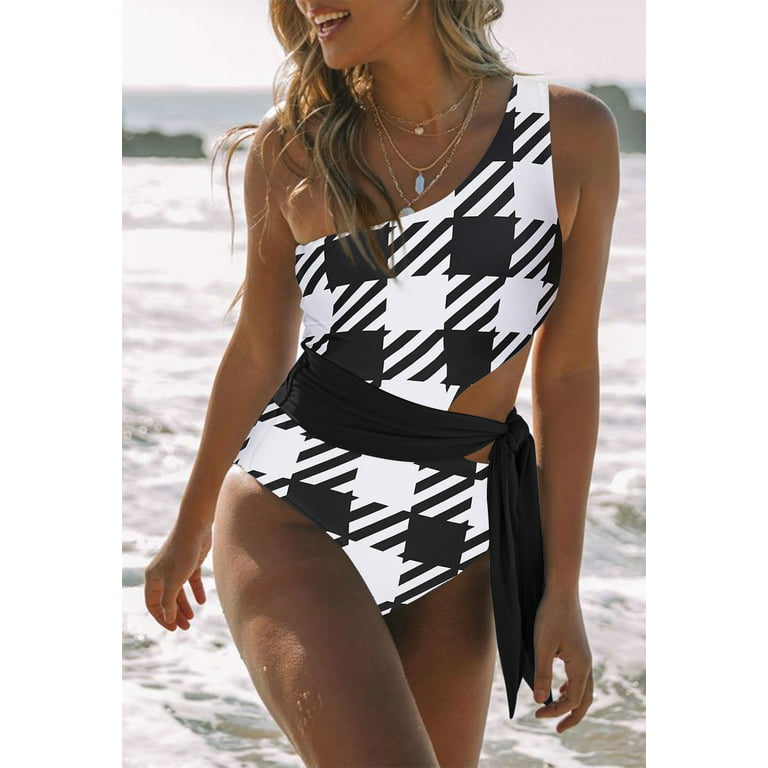 Pink Queen Women One Piece Swimsuits Sexy One Shoulder Monokinis Tummy  Control Tie Side Cut Out Bathing Suits Black and White L