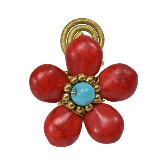 Amazing Handmade Red Synthetic Coral Flower & Brass Wire Wrap Statement Ring