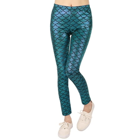 HDE Girl's Shiny Fish Scale Mermaid Leggings Metallic Costume Tights (4T-12) (Teal,