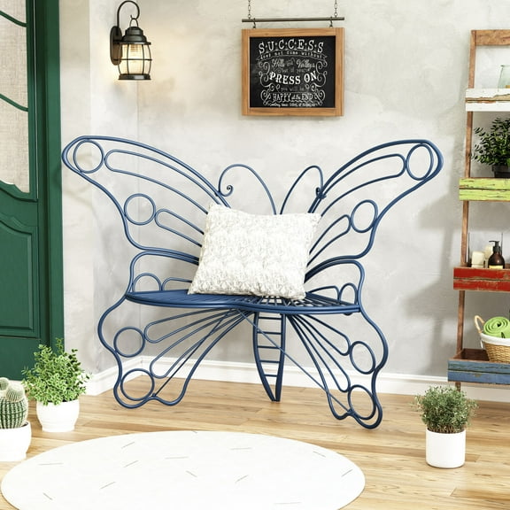 50 inch Cast Iron Metal Garden Outdoor Bench Butterfly Chair Garden Decor Navy