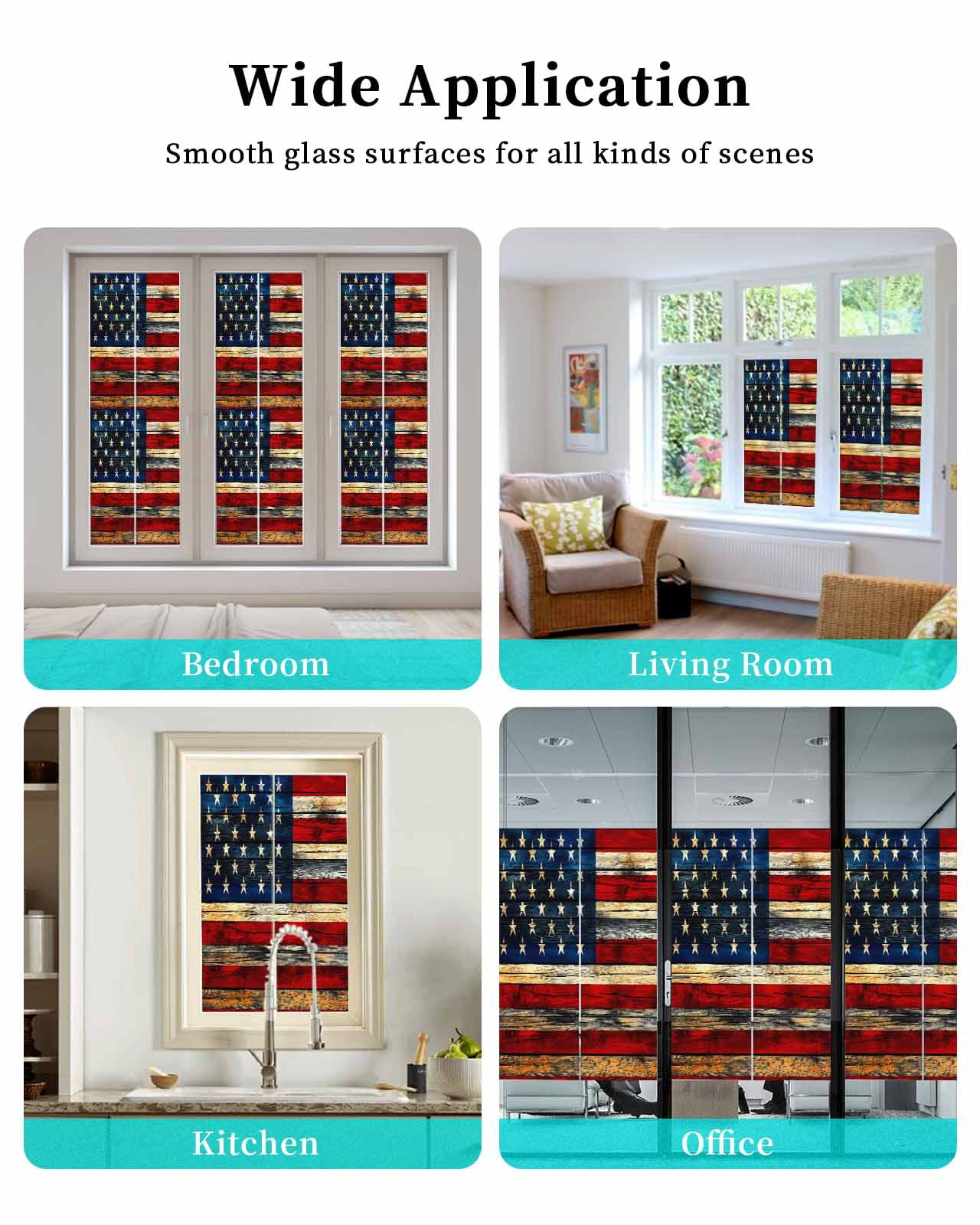 Window Privacy Film Retro American Flag Stained Glass Window Film Decorative Sun Block Window Cover Blue Red USA Flag Vintage Wood Window Clings Static Adhesive Sticker for Bathroom 23.6"x59"