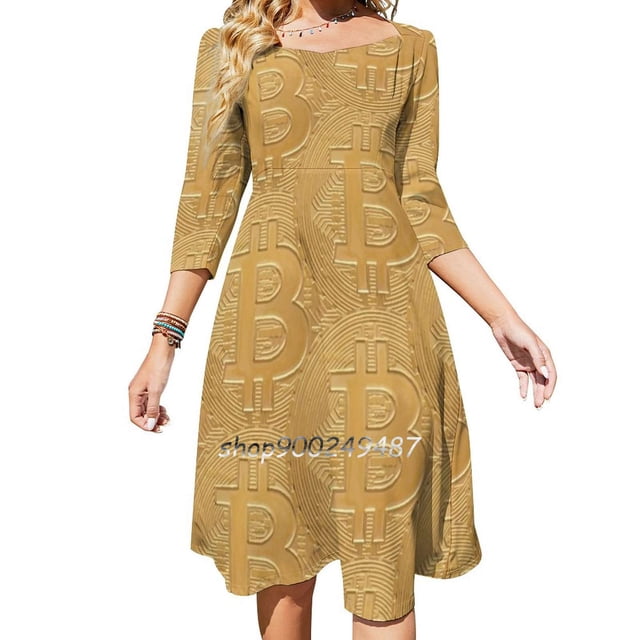 Vestido de escote cuadrado con Bitcoin, nuevo vestido elegante de talla grande para mujer, vestido ajustado a la cintura, banco, banca, Bit, moneda Bitcoin, Btc, negocios, efectivo