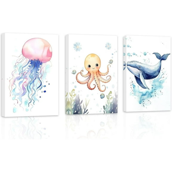 ZHONGYUTONG Ocean Animal Nursery Wall Art 3 Piece Cute Jellyfish Octopus Whale Watercolor Poster Prints on Canvas Funny Artwork for Kids Room Bedroom Wall Decor (20.00" x 28.00" x 3PCS)