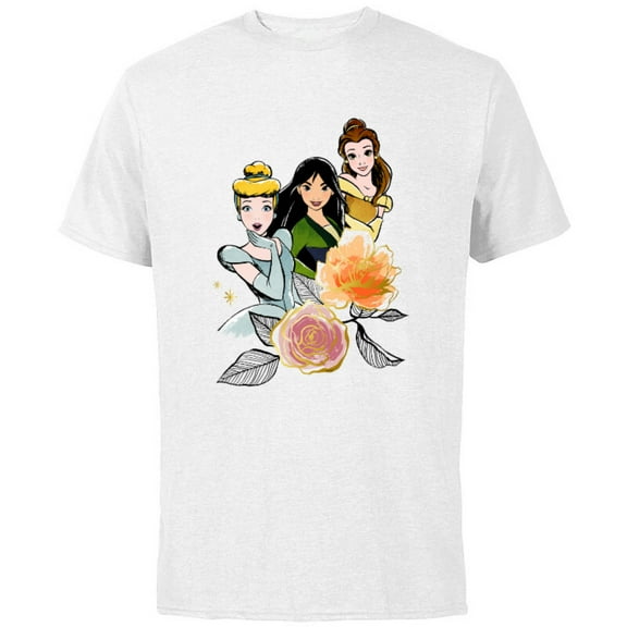 Disney Princess Cinderella Mulan Belle Floral - Short Sleeve Cotton T-Shirt for Adults - Customized-White
