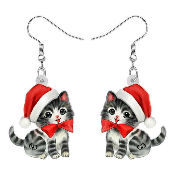 Acrylic Christmas Red Bow Tie Cute Cat Earrings Dangle Jewelry Charms For Women Animals Lovers Gifts