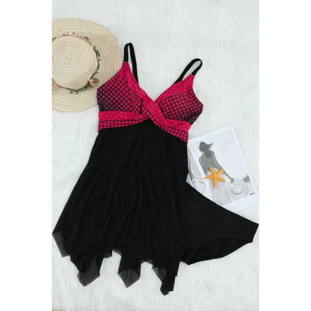ABPHQTO Conjunto de tankini con dobladillo de pañuelo con estampado de lunares retro rosa para mujer